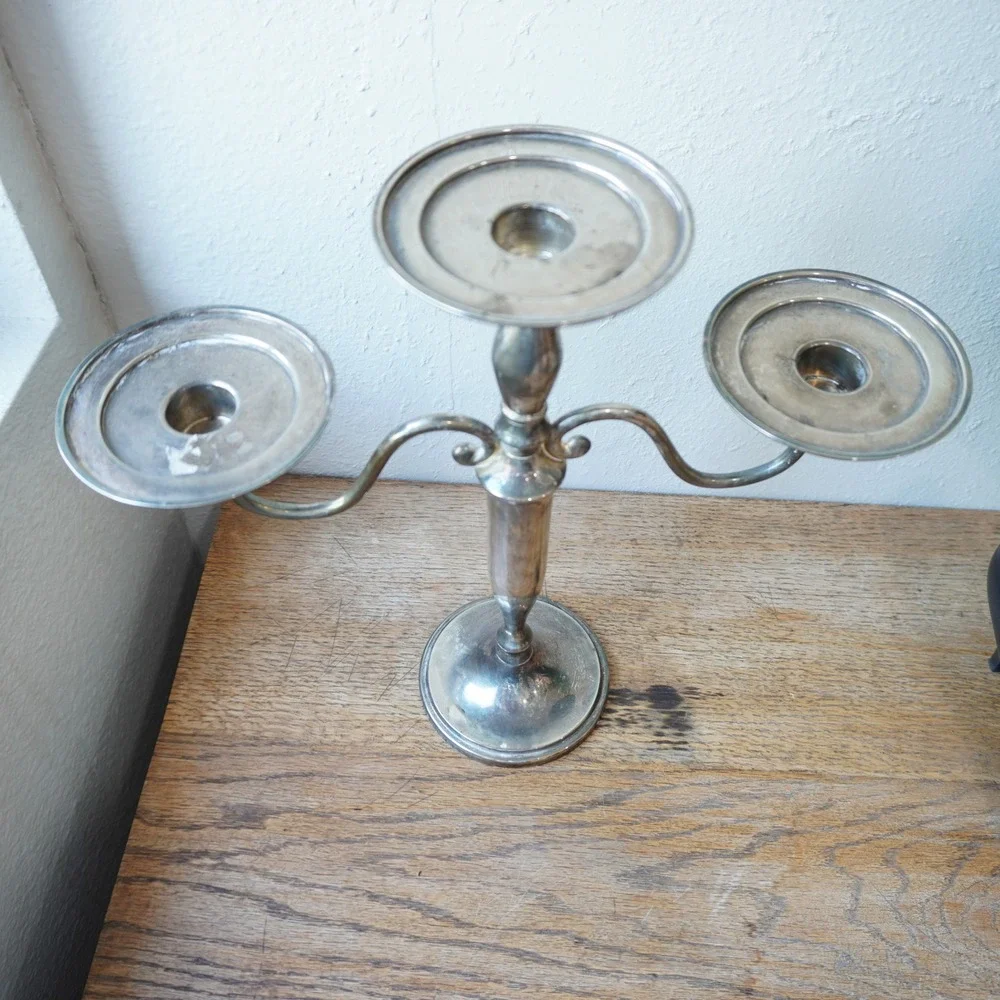 Vintage Silver Tone 3 Arm Candelabra Scroll Triple Candle Holder Centerpiece